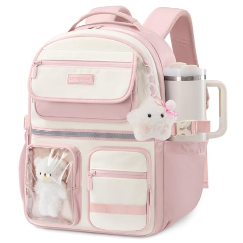 LOVEVOOK School Backpack for Girls Cute Bookbag for Teen 8-16 DIY Friendly 15.6 Laptop Backpack for Middle High College Student Back to School Bag with Water Bottle Pocket for Travel Pink