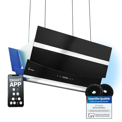 KKT KOLBE Dunstabzugshaube 90 cm | Kopffreie Inselhaube | Edelstahl | schwarzes Glas | WLAN | Nachlaufautomatik | RGBW-LED-Beleuchtung | SensorTouch Bedienung | HERMES-INSEL-908SM