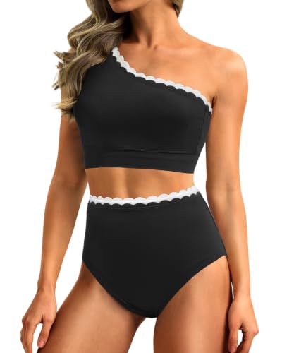 Image of Holipick Women One Shoulder High Waisted Bikini Sets Two Piece Swimsuit Tummy Control Bathing Suit Full Coverage Swimwear