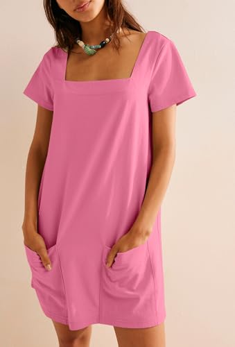 Image of AlvaQ Womens Solid Color Casual Summer Square Neck Short Sleeve Mini Dresses with Pockets