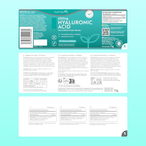 Miniatura 12 de Cápsulas De Ácido Hialurónico De 600 Mg - Suministro De 3 Meses - Dosis Alta Con 500-700 Kda - Sin Ogm Sin Rellenos Ni Aglutinantes Sintéticos - Nutravita