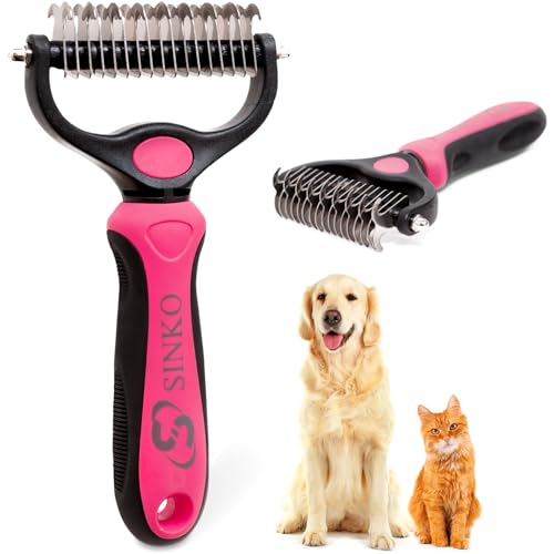 Image of Sinko Shedding Brush For Dog and Cat, Undercoat Rake with Extra Wide Double-Sided Stainless Teeth for Detangling, Deshedding, Brushing & Removing Shed Fur, Knots, Mats, and Tangles in Pets (Pink)