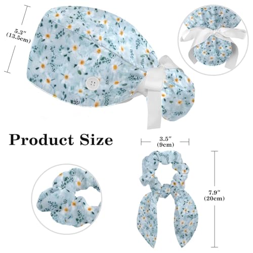 Scrub Caps Women with Button,Adjustable Surgical Caps with Ponytail Pouch,Textured Floral Vector Pattern Working Cap with Bow