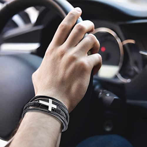 Pulsera de cuero con cruz para hombre y mujer en acero inoxidable miniatura 3
