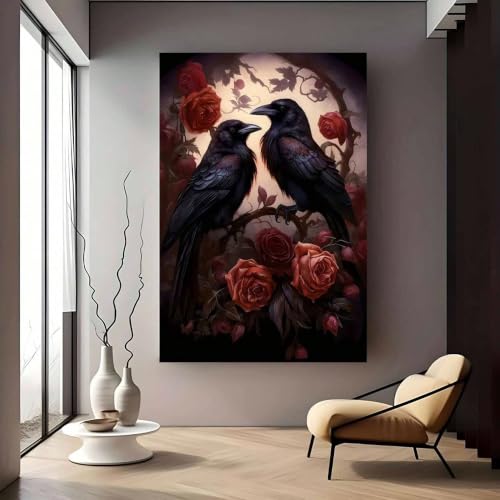 Impression sur toile Corbeau noir décoration murale Rose Vine tableau décoratif maison 60x80cm
