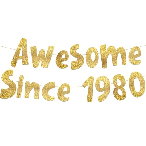 Image of Pre-Strung Awesome Since 1980 Gold Glitter Banner - Funny 46th Birthday and Anniversary Decorations for Men and Women - Party Supplies and Gifts