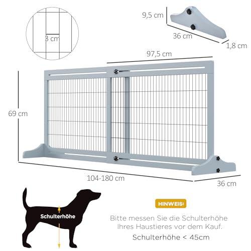 PawHut Hunde Absperrgitter aus Holz, Ausziehbares Türschutzgitter mit Fußstütze, Freistehendes Hundegitter, Treppenschutzgitter, Hundeabsperrgitter für Kamin, Ofen, Graublau, 104-180 x 36 x 69 cm