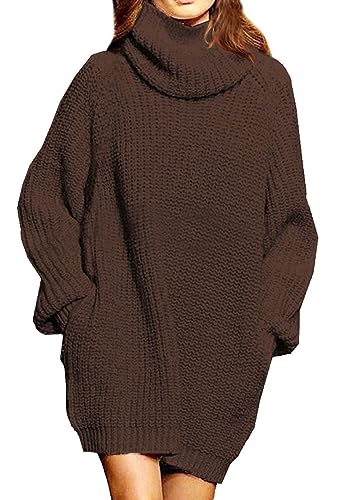 Pink Queen Damen Strickpullover Oversize Pulloverkleid Rollkragen Lose Taschen Langarm Lässig Longpullover Dunkelbraun M
