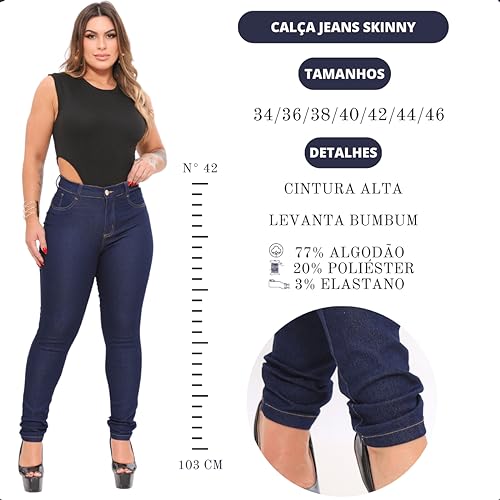 Calça Jeans Feminina Skinny Cintura Alta Com Lycra Levanta Bumbum Destroyed (38, Azul)
