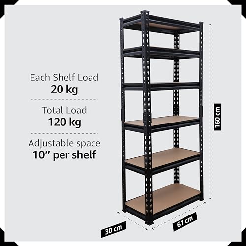 Image of BonKaso Adjustable 6-Shelf Metal Storage Rack | Heavy-Duty Steel Boltless Rivet Utility Shelving Unit for Garage, Kitchen & Office | 62 Inches Height (62 x 24 x 12 in) - Black