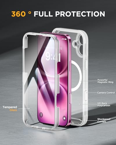 Image of Miracase for iPhone 16 Case 6.1'', [Bubble Free] Full-Body Bumper Phone case with Built-in Full Glass Screen &Camera Control,No Gap,Compatible with MagSafe,Drop Proof 16 Cover,Matte Clear