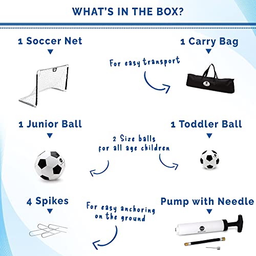 Morvat Soccer Goal Net Set For Kids, Girls & Boys, Lightweight Backyard Training Gifts For Children & Toddlers - Indoors & Outdoors, Includes 1 Goal Net, 2 Soccer Balls & 1 Carry Bag, Black & White #TOP1