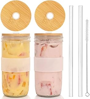 ANOTION Mason Jar with Lid & Straw, 24oz Wide Mouth Drinking Glasses Tumbler Silicone Sleeve Bamboo Lid, Reusable Boba Cups Travel Bottle for Iced Coffee Large Pearl Juices, Transparent & Golden