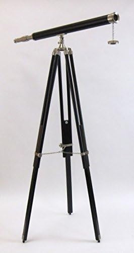 Nautical Decor Telescope Black Wooden Stand, Nickel Plated, Faux Leather Rustic Vintage Home Decor Gifts