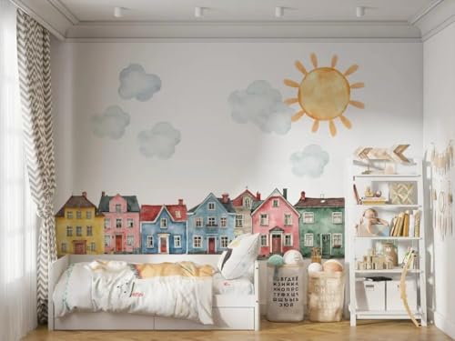 Vinilo decorativo mural de pueblo acuarela para habitación infantil miniatura 2