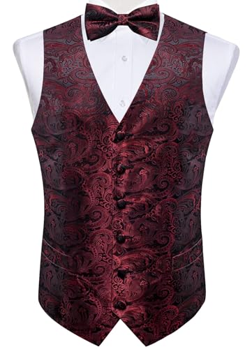 Image of DiBanGu Mens Paisley Suit Waistcoat,Silk Dress Vest and Bowtie Pocket Square Cufflinks with Lapel Pin Set for Wedding Tuxedo