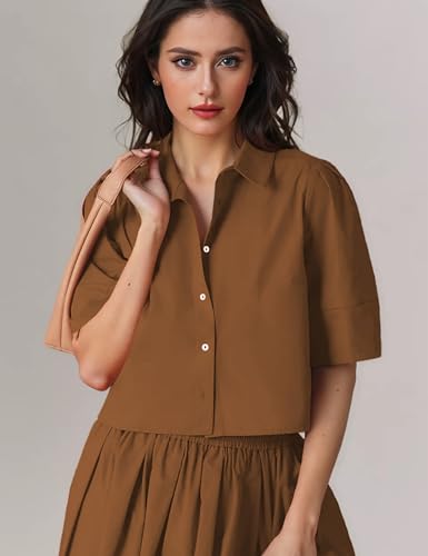 Image of Womens Summer 2 Piece Outfits Skirt Sets Button Short Sleeve Tops Elastic Waist Maxi Dress Sets with Pockets(0266-Brown-XL)