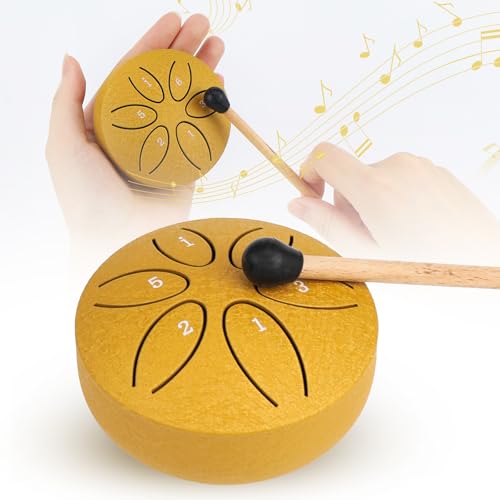Zungentrommel Steel Tongue Drum 6 Töne Handpan Instrument Stahlzungentrommel Mini Pan Drum Percussion 3 Zoll Stahlzungen mit Schlägeln für Meditation Yoga (Gelb)