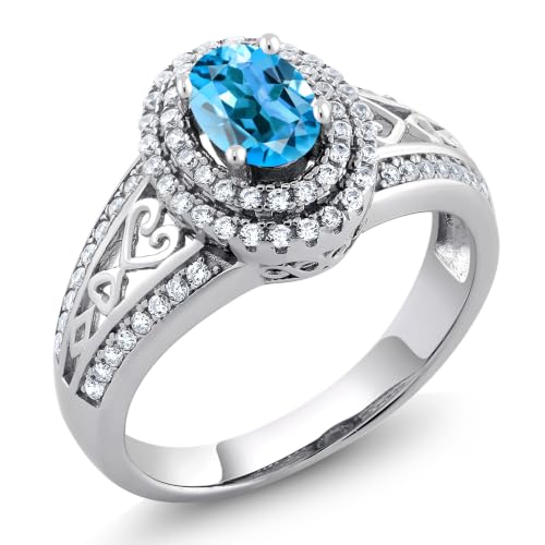 Gem Stone King 1-2 Ct Gemstone Halo Engagement Ring, Swiss Blue Topaz, 6