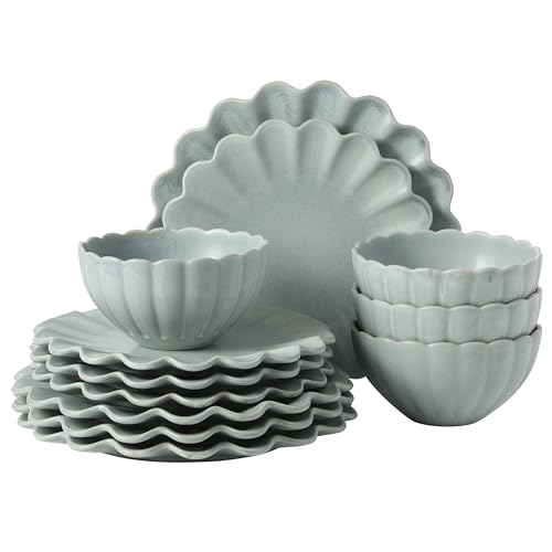 Image of Gibson Elite Bistro Fleur Plates and Bowls Sets, 12-Piece Stoneware Dinnerware Set for 4, Sage Blue Scalloped Dish Set with Dinner Plates, Salad Plates & Bowls