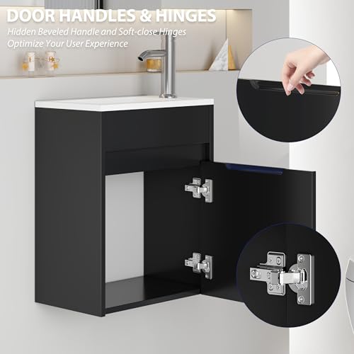 eclife 16" Small Bathroom Vanity Sink Combo, Modern Painted Wall Mounted Floating Cabinet W/Decoration Lines, Resin Basin Sink Top, Chrome Water Save Faucet & Pop Up Drain (Piano Black)