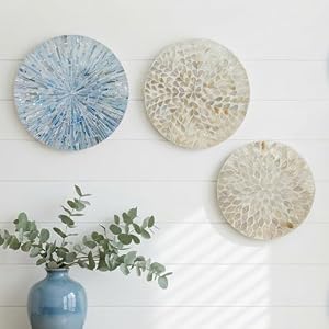 3-Piece Mother of Pearl Wall Decor Set, 11.8 Inches Mother of Pearl Shell Plate Coastal Wall Art Mosaic Wall Sculpture Shell Handmade Hanging Plates Arts for Bedroom Bathroom Home Office Hotel (Blue & Beige)