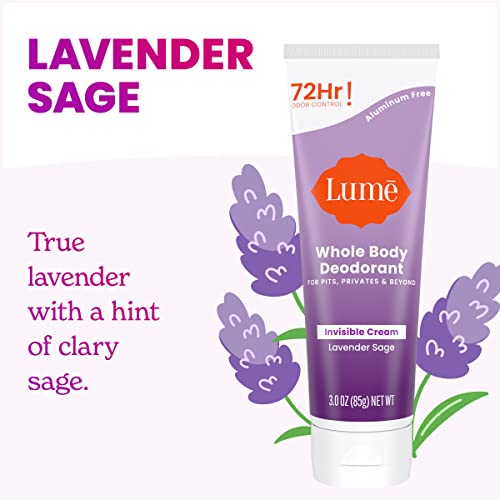 Lume Whole Body Deodorant - Invisible Cream Tube - 72 Hour Odor Control - Aluminum Free, Baking Soda Free, Skin Safe - 3.0 Ounce (Lavender Sage) #TOP2