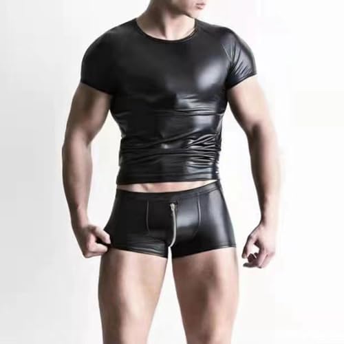 Men's Tight Faux Leather Shorts Boxer Briefs Zippered Hot Pants Low Rise Underwear Bikini Panties2