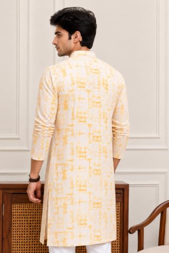 Image of FOXDX Men's Cotton Kurta, Ethnic Printed Kurta for Perfect Ethnic Look, Stand Collar Long Sleeve Casual Printed Regular Long Kurta