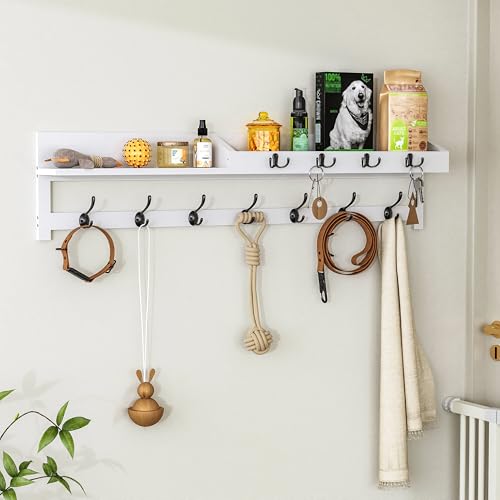 Image of AMBIRD 35 inch Coat Rack Wall Mount, Extra Long Coat Hooks Wall Mount, Entryway Shelf with 7 Dual Coat Hooks 4 Key Hooks Mail Organizer, Wooden Wall Coat Rack with Hooks, Key Holder Rack (White)