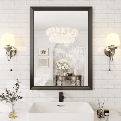 Amorho Black Bathroom Mirror, 61X81 CM Thick Metal Framed Wall Mirrors for Over Sink, Bedroom, Living Room, Entryway, Tempered Glass, Shatter-Proof, Rectangle Wall-Mounted Mirrors(Horizontal/Vertical)