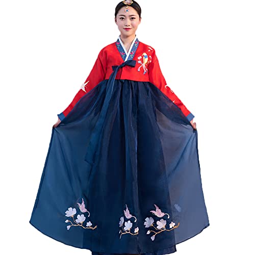 YUDATPG Conjunto de vestido de manga larga Hanbok para mujer, traje de palacio tradicional coreano, baile de boda, cosplay, disfraz de Halloween, Rojo y azul., S