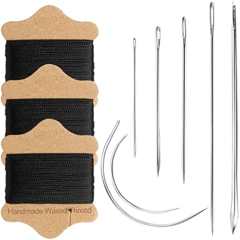 Black Waxed Thread Sewing Kit for Adults, 22Yards Sewing Thread Each, Upholstery Sewing Kit Includes 7 Heavy Duty Hand Sewing Needles, Leather Repair Kit for Furniture, Shoes, Canvas, Carpet Cover