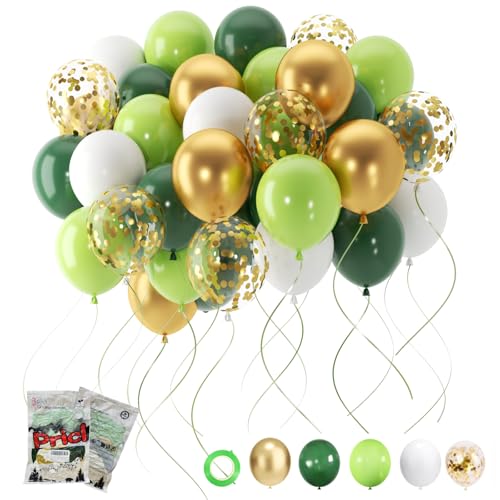 Green and Gold Balloons, 60 PCS 12 Inches Dark Light Green Balloons Metallic Chrome Gold Confetti Balloon White Latex Ballons for Birthday Jungle Safari Theme Decorations