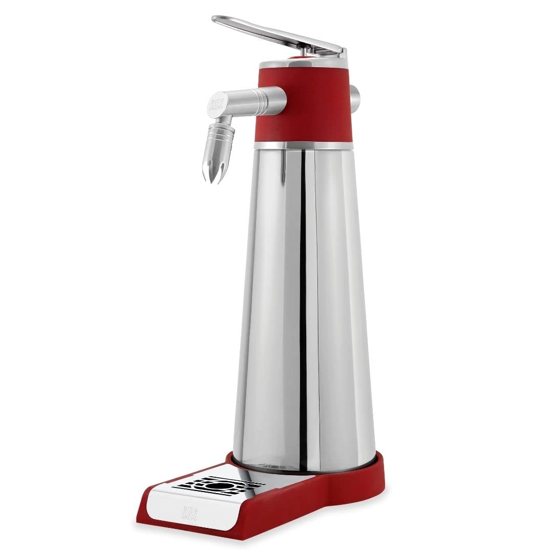 iSi Thermo XPress Whip PLUS 1 Liter, Freistehendes Sahnegerät mit Thermoisolation, Für Warme und Kalte Anwendungen, iSi Sahnespender Edelstahl, Spülmaschinenfest, Inkl. Reinigungsbürste, Silber, Rot
