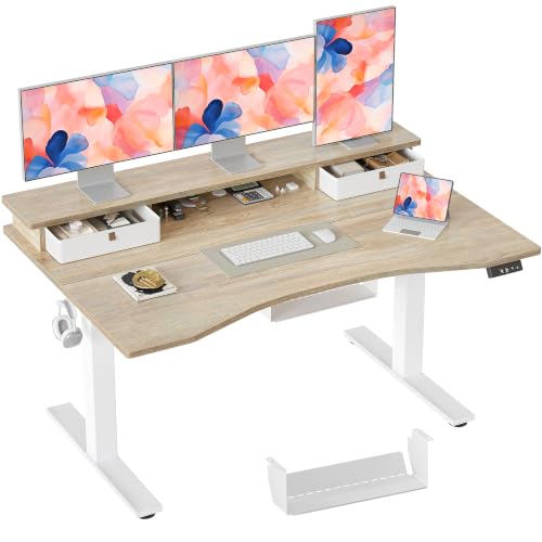 TIQLAB maple 55-inch standing desk with raised monitor shelf and curved front edge — 27.6 inches of depth at 50 lb