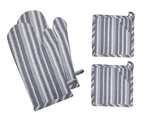 Oven Mitts And Pot Holders | 4 Pcs Grey Stripes |Heat Resistant Kitchen Microwave Glove For Baking Cooking Grilling, Good Fit Bbq, Soft Cotton Filling Non-Slip Surface, Hot Pads Mats Coasters #TOP14