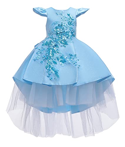 Vestido de boda infantil azul claro con bordados para niñas de 7 a 8 años