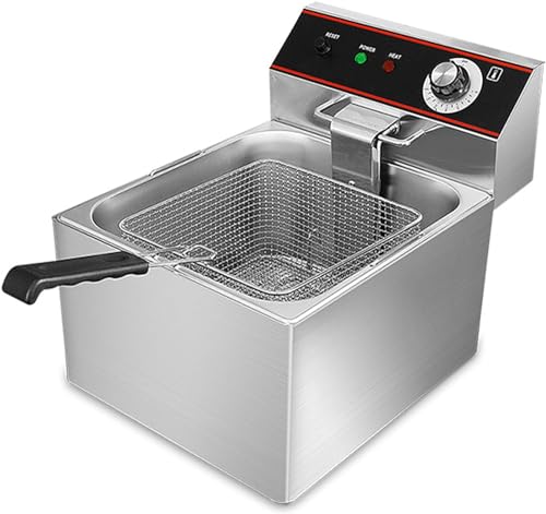 Freidora eléctrica comercial， Freidora eléctrica de 3000 W, 6 L, freidora comercial de acero inoxidable con cesta for uso en restaurante, hogar y cocina, freidora eléctrica de encimera con limitador d