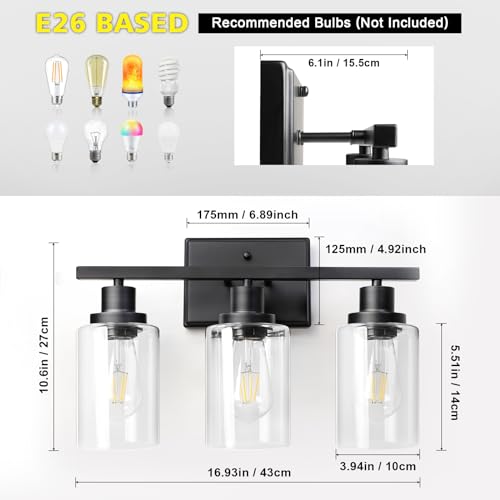 Image of Ascher Bathroom Vanity Light Fixtures, 3 Light Wall Sconces Lighting with Clear Glass Shade, Black Wall Lights for Mirror, Kitchen, Living Room, Gallery, Hallway, E26 Base (Bulbs Not Included)