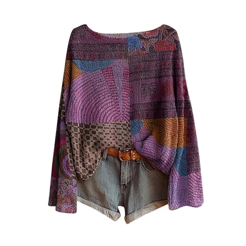 Boho Vintage Sweater for Women Plus Size Oversized Knit Tops 2025 Fall Plain Colorful Long Sleeve Sweatshirt Grandpa Sweaters2
