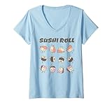 donna carino kawaii sushi roll cartoon fumetti cibo giapponese anime maglietta con collo a v