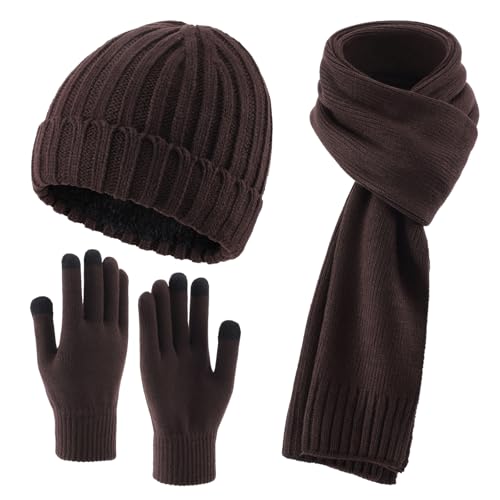 Decentron Mens Winter Beanies Scarf Gloves Set for Cold Weather Warm Knit Gift Set Large Scarves Touchscreen Gloves Coffee