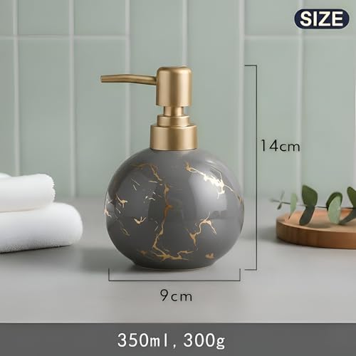 Image of Luxury Ceramic Soap Dispenser (Luxe Grey) - 350ml Round Modern Refillable Lotion Shampoo Handwash Bottle Matte Grey with Gold Marbling Premium Countertop Accessory for Bathroom, Kitchen & Wash Basin