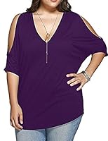 Allegrace Women Plus Size Tops V Neck Short Sleeve Batwing Top Cold Shoulder T Shirt 3X Purple