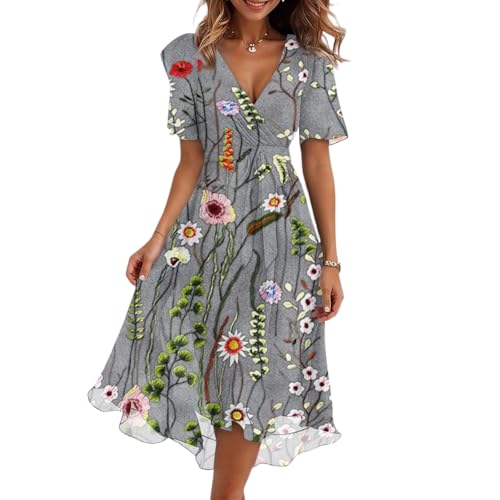Wickelkleid Damen Sommer Blumen Bohemian Kleid Elegant Damen Festlich Volant-Kleid Empirestil Skaterkleid Mit Ärmel A-Linien High Waist Blumenkleid...