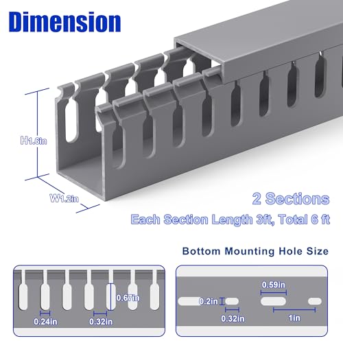 Image of 1.6 inch H x 1.2 inch W Cable Raceway, 6ft Under Desk Wire Management Channel, Grey