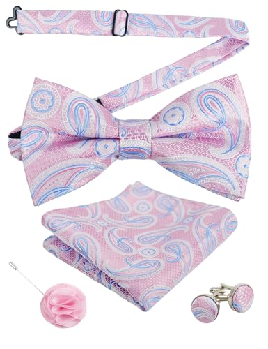 Image of Alizeal Mens 4pcs Vintage Paisley Bow Tie Set | Pre-tied Pocket Square Cufflinks Boutonniere for Wedding Everyday Use
