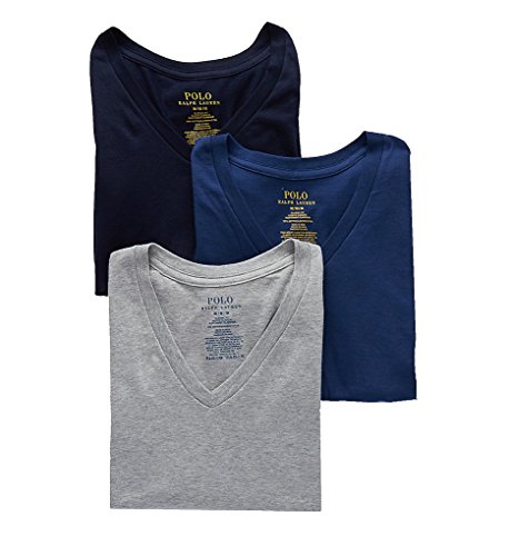 Polo Ralph Lauren Men's 3-Pack V-Neck T-Shirt Andover Heather/Bali Blue/Cruise Navy Small
