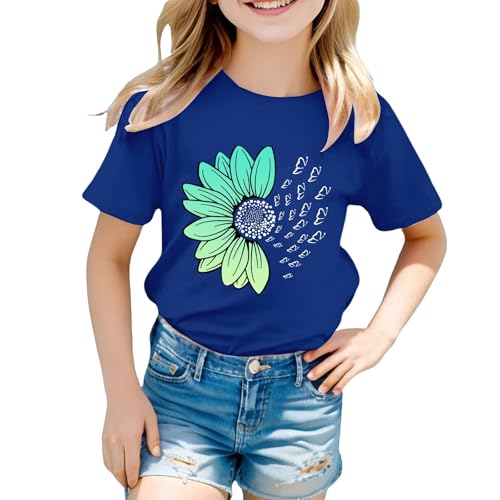 Girls Loose Fit Sunflower Graphic T Shirts Short Sleeve Crewneck Cute Pattern Printed Tops Kids (I-Blue, 4-5 Years)3